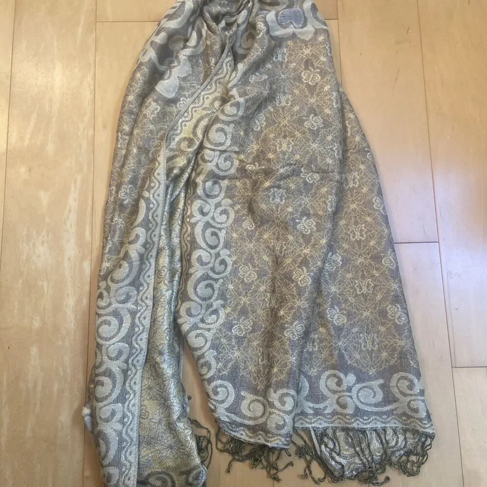 GOLD GLAM Metallic Thread Large Shawl Scarf With Tassels And Butterfly Print